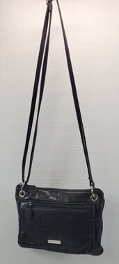 d3) Vintage Black Faux-Leather Vinyl Crossbody Handbag Purse Bag